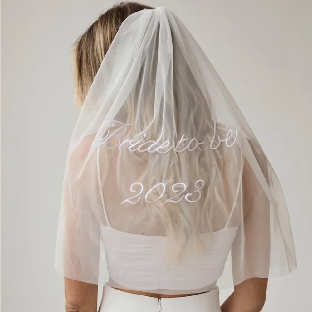 Embroidered Bride to Be 2023 Veil from Six Stories for a bridal shower or Bach
